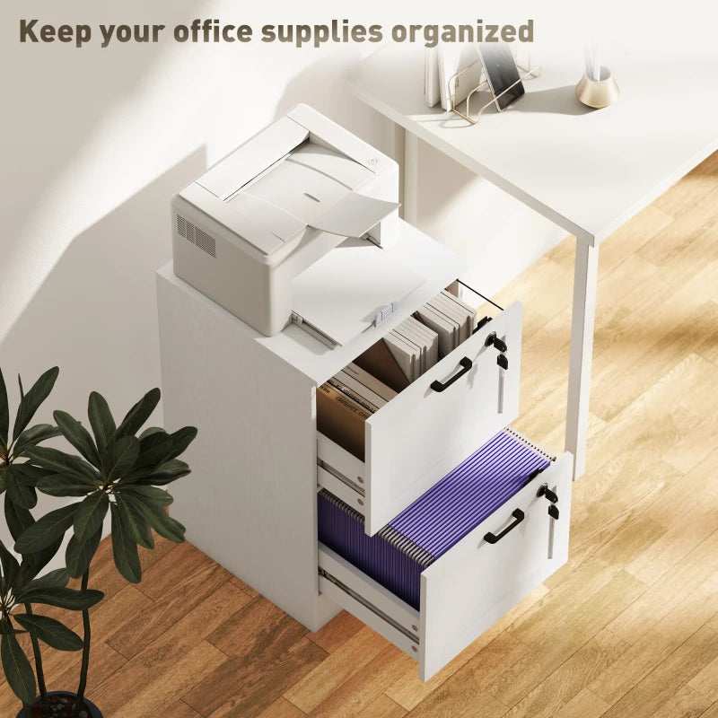 Vertical Filing Cabinet with 2 Drawers, Lock, File Cabinet for Home Office, A4 and Letter Size Files, White