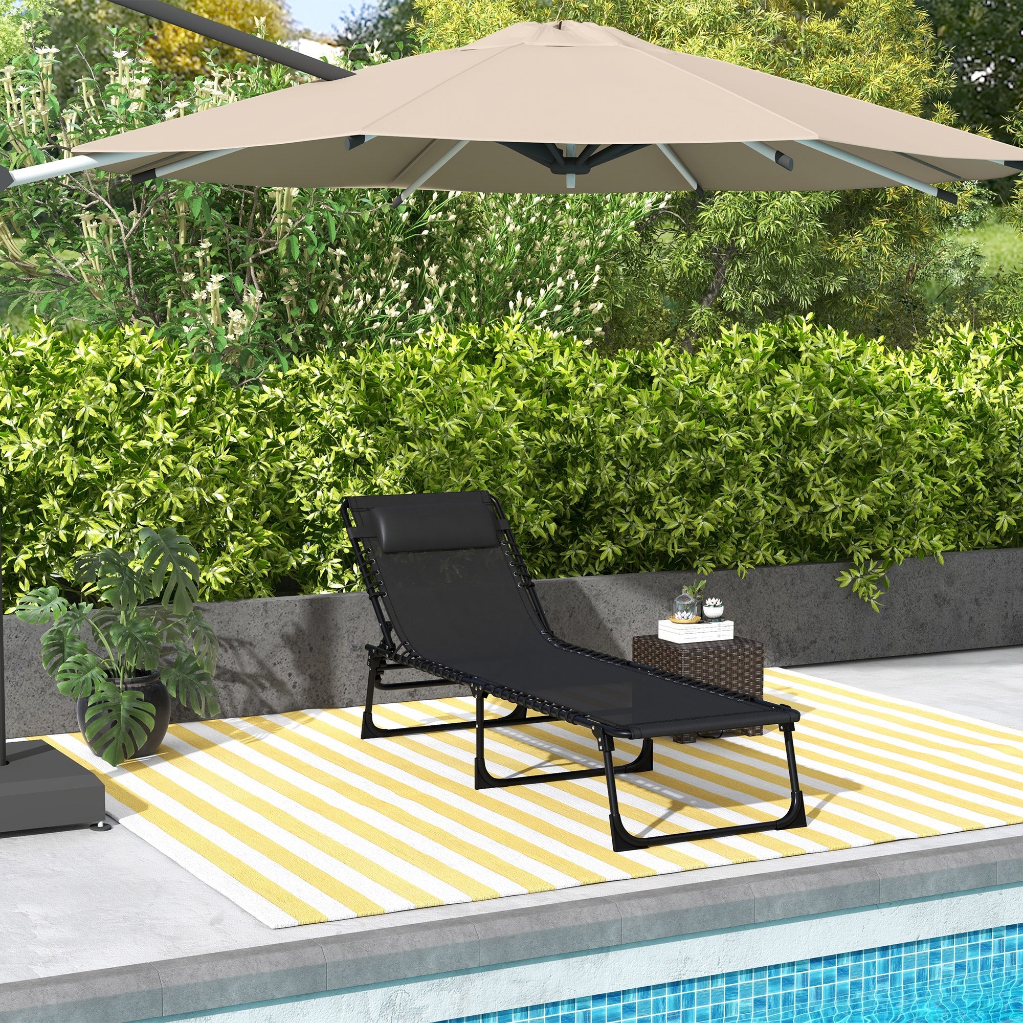 Outsunny Adjustable Folding Beach Bed 4-Level Reclining Lounger Lightweight Portable Camping Black 