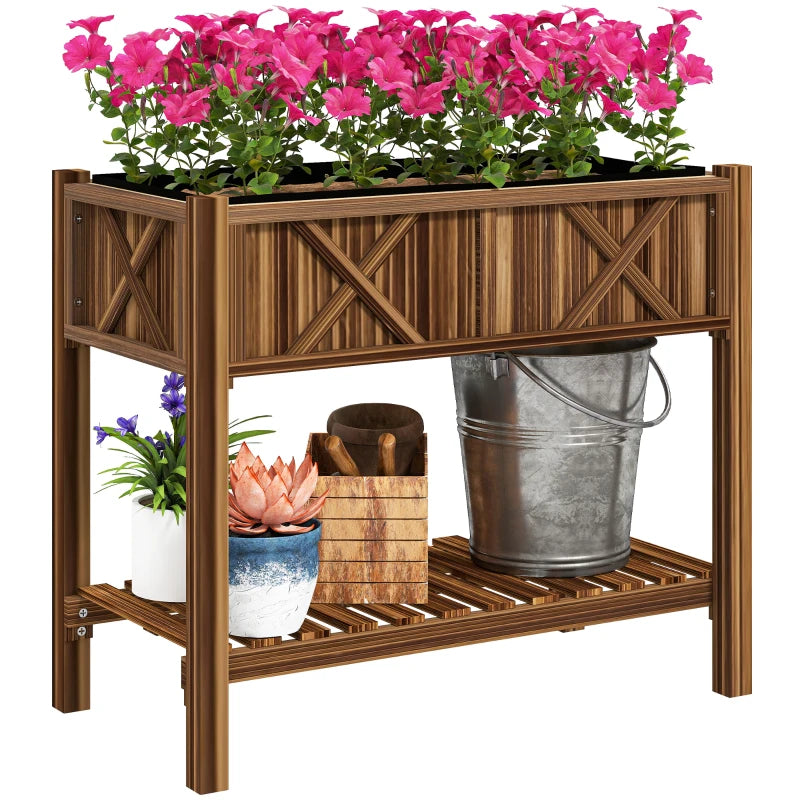 Wooden Raised Garden Bed, Elevated Planter Box with Storage Shelf, Drainage Holes and Liner, 34"x18"x30", Carbonized
