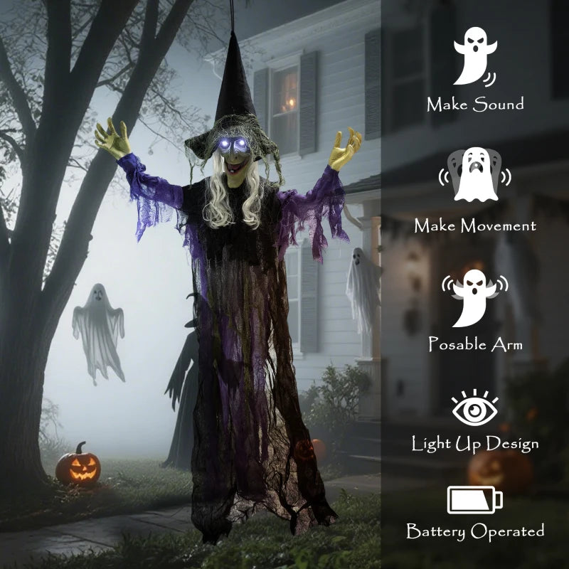 Outsunny Life-Size Animated Hanging Witch – Glowing LED Eyes, Battery Operated Halloween Decoration 