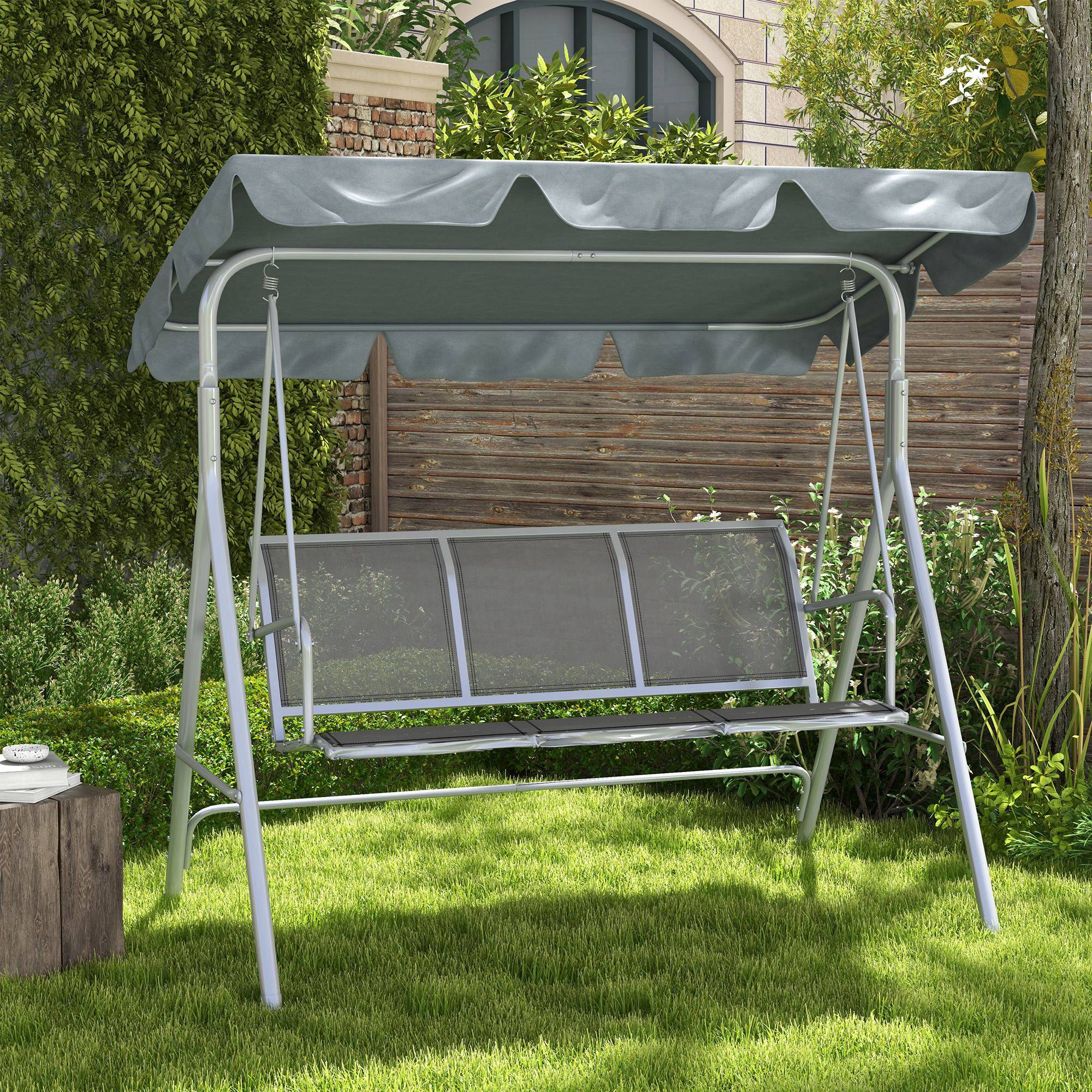 Outsunny Light Grey 3-Seater Patio Swing Chair: Outdoor Garden Hammock Glider with A-Frame, Canopy, Porch Swing Comfort 