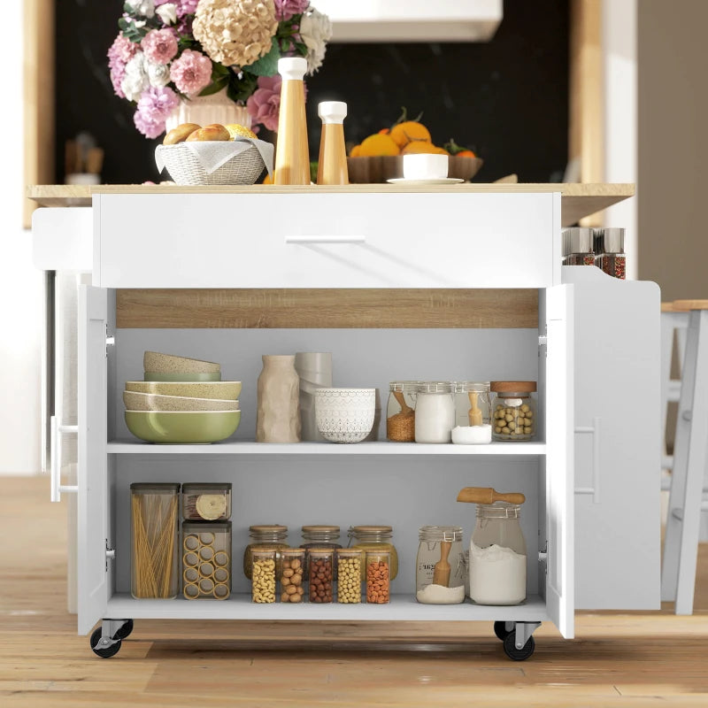 Kitchen Island with Storage, Rolling Kitchen Cart with Foldable Drop Leaf, Power Outlet and USB Ports, White
