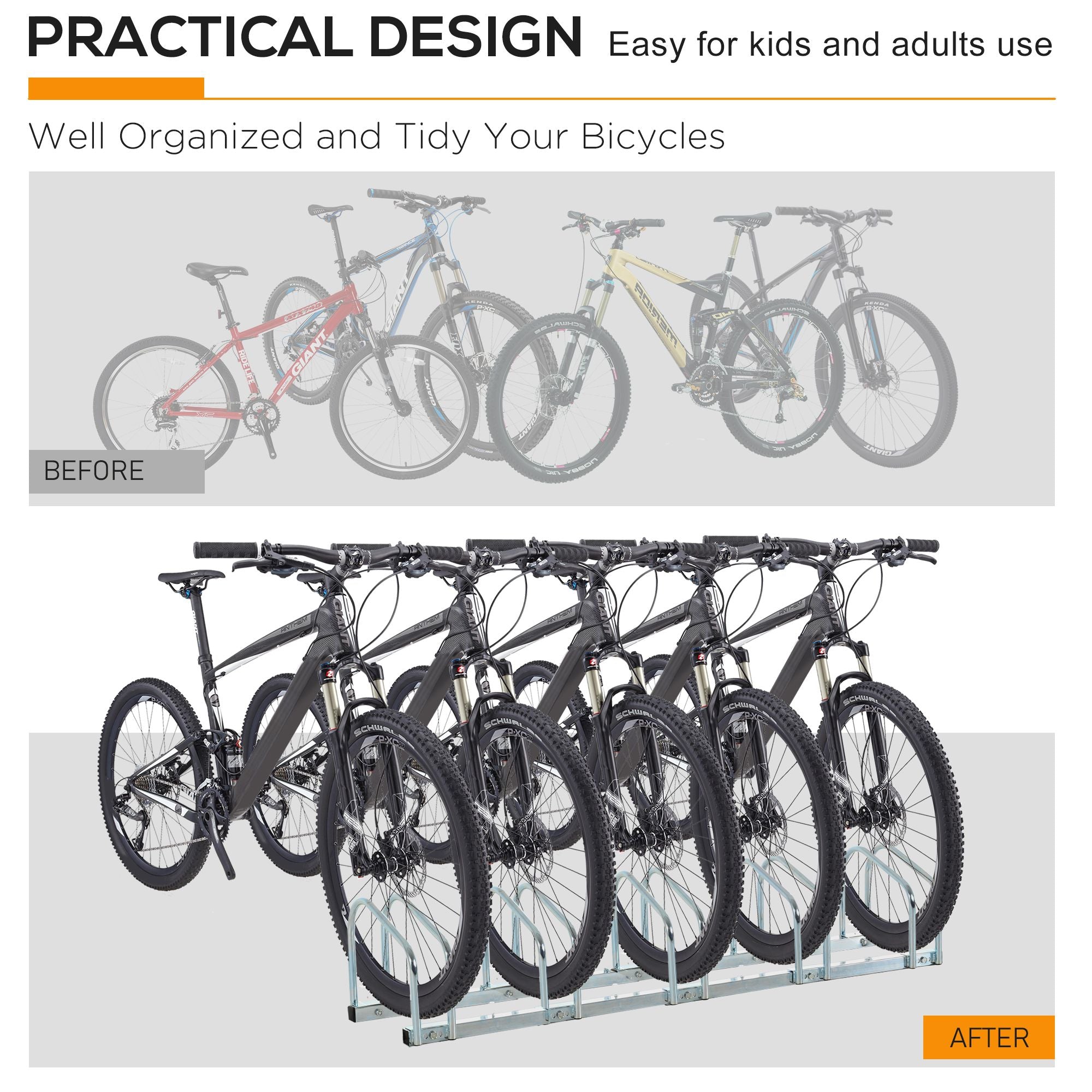 Soozier Cycle Park Deluxe Rack: 5-Bike Floor Parking Rack, Bicycle Storage Stand for Garage Organizer Silver 
