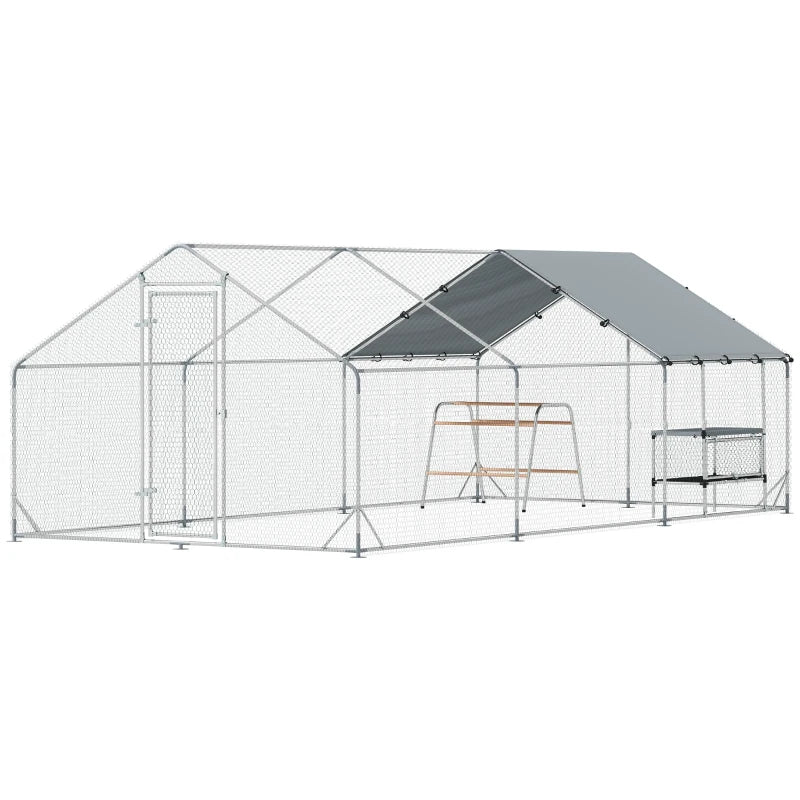 Metal Chicken Coop Run w/ Waterproof Cover, Nesting Box, Roosting Bars, for Outdoor Backyard, 9.8 x 19.7 x 6.4 ft