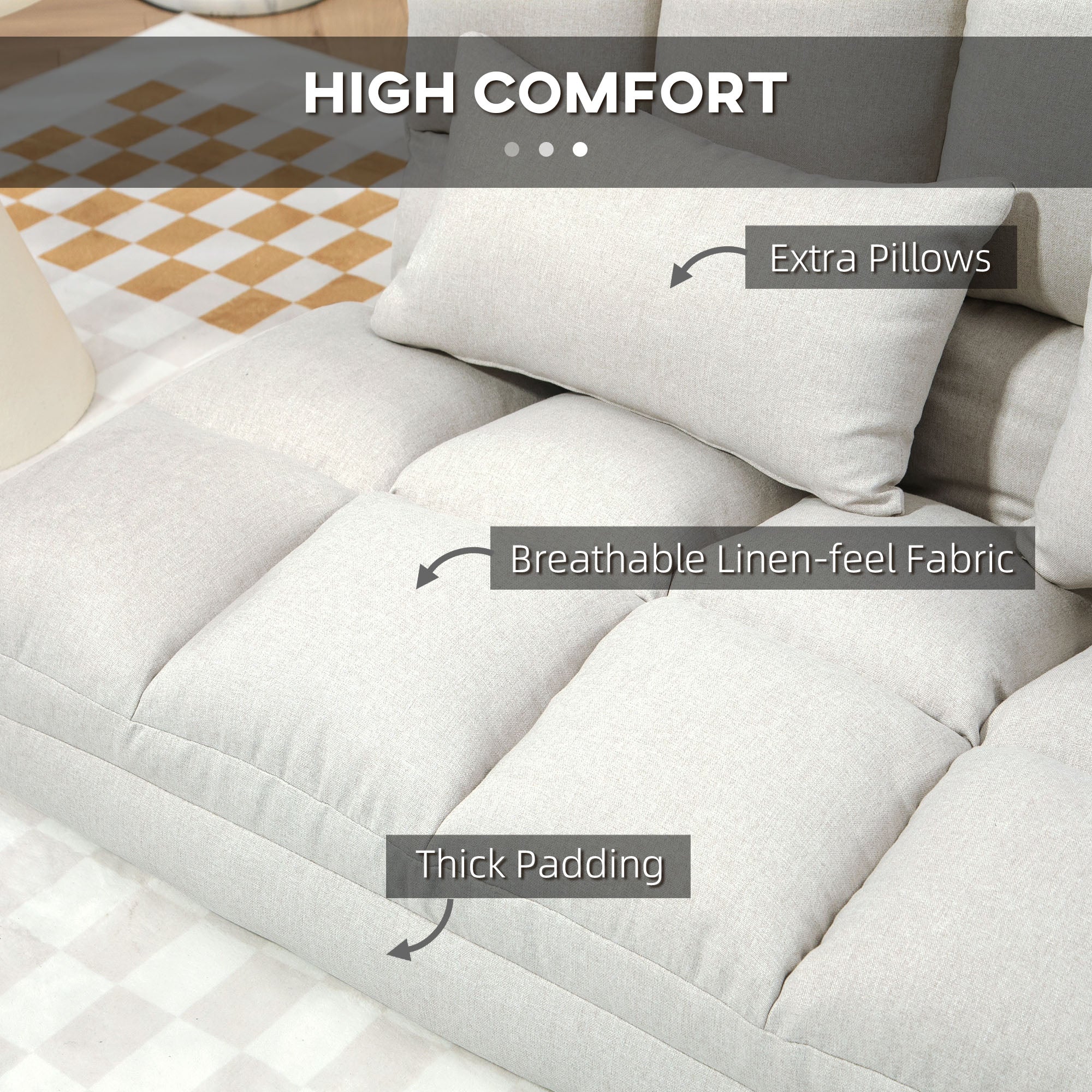 HOMCOM Convertible Floor Sofa, Foldable 2-Seater Lazy Sofa Sleeper with 9-position Backrest and 2 Pillows Cream White 
