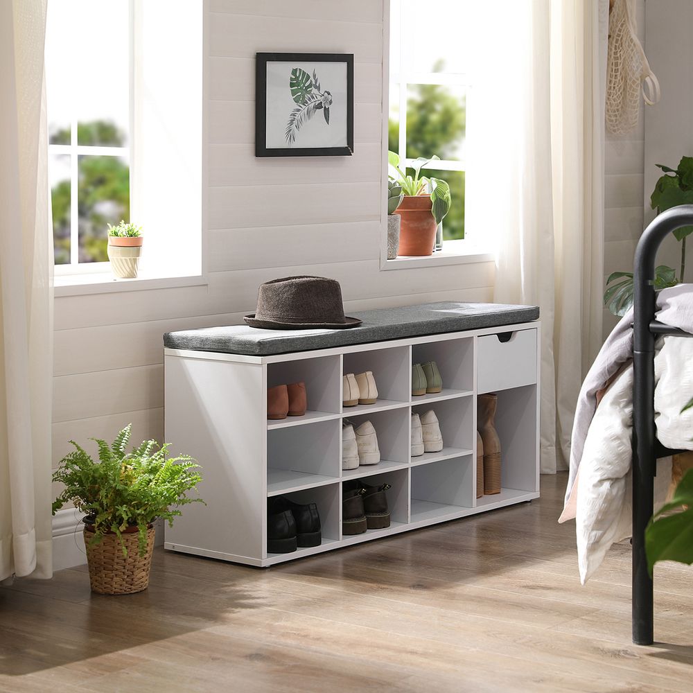 VASAGLE Storage Bench with Cushion, Drawer and Open Compartments 