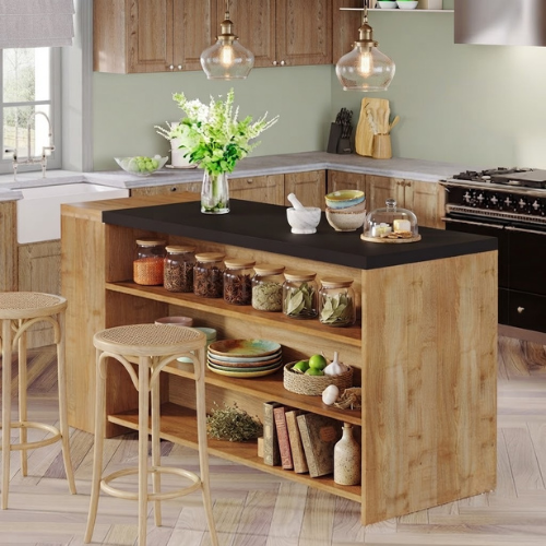 Kitchen Island 55" Farmhouse Coffee Bar Table with Storage 5 Shelves Vintage Brown