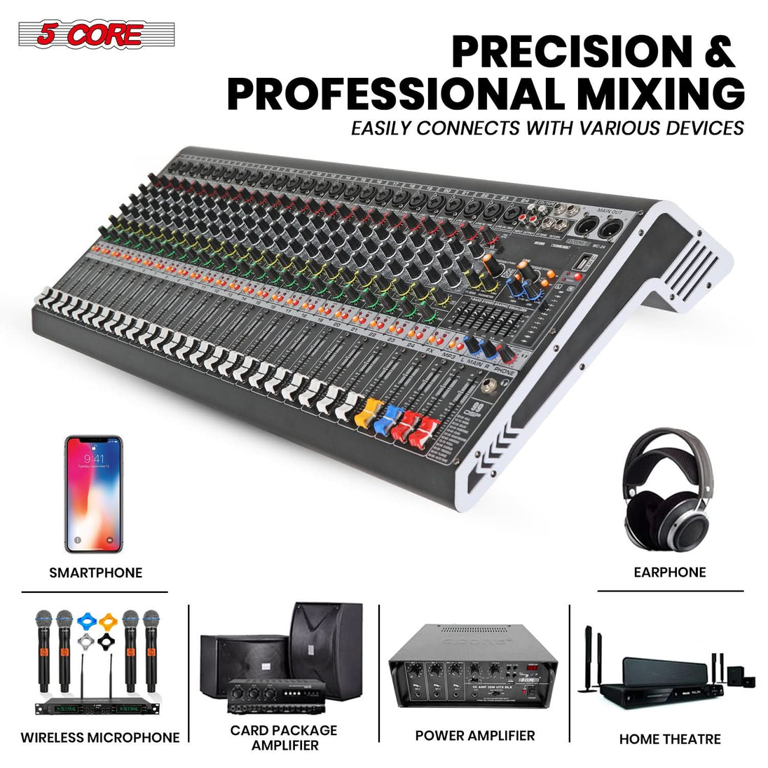 5 Core Audio Mixer 24 Channel DJ Sound Board w Bluetooth USB PC Recording PA Analog Mixing Interface