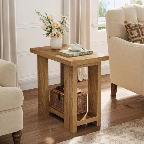 End Table 2-Tier Farmhouse Side Table with Storage Shelves 27.56" Wooden Nightstand for Small Spaces Living Room Bedroom Light Brown