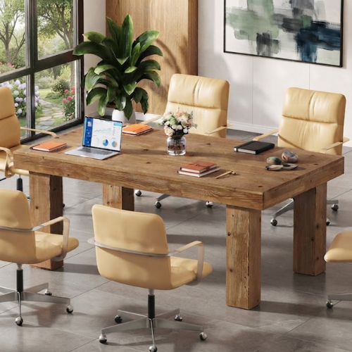 63" Solid Wood Executive Desk Heavy Duty Computer Office Desk with Thick 3.74" Tabletop and Sturdy Wooden Legs for Home Office Light Brown