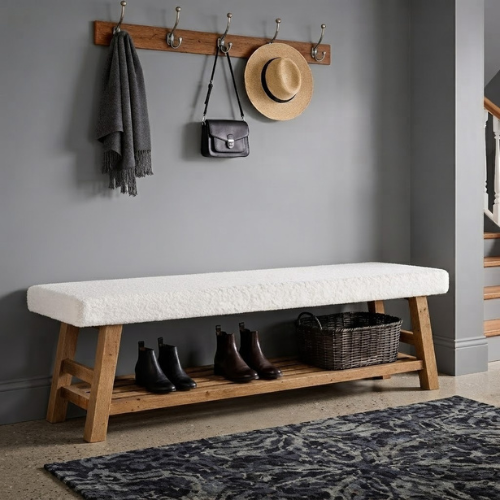 55" Upholstered Entryway Bench, 2-Tier Shoe Storage Bench with Solid Wood Frame and Cushion, White & Brown