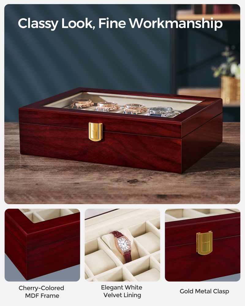 SONGMICS 10-Slot Watch Case with Large Glass Lid 