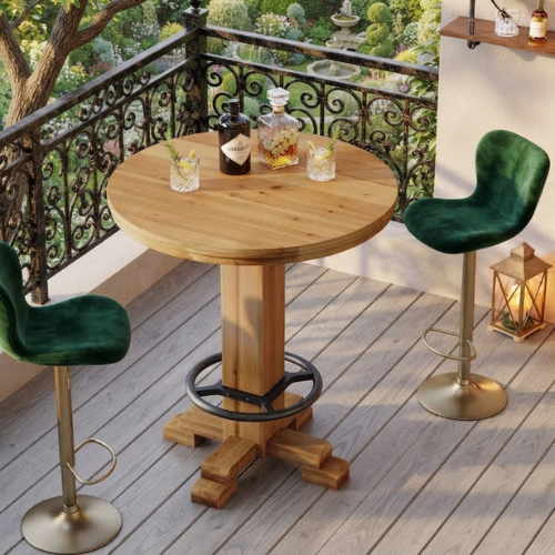 31.5" Round Solid Wood Bar Table, 37.4" High Bistro Cocktail Table with Crossed-Leg Base & Metal Footrest