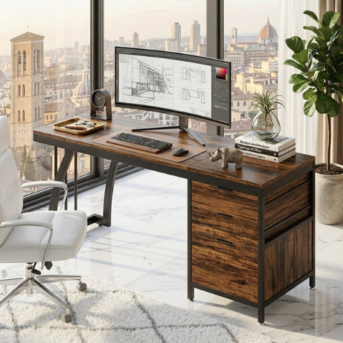 59" Industrial Computer Desk with Reversible Drawer Cabinet for Study & Office