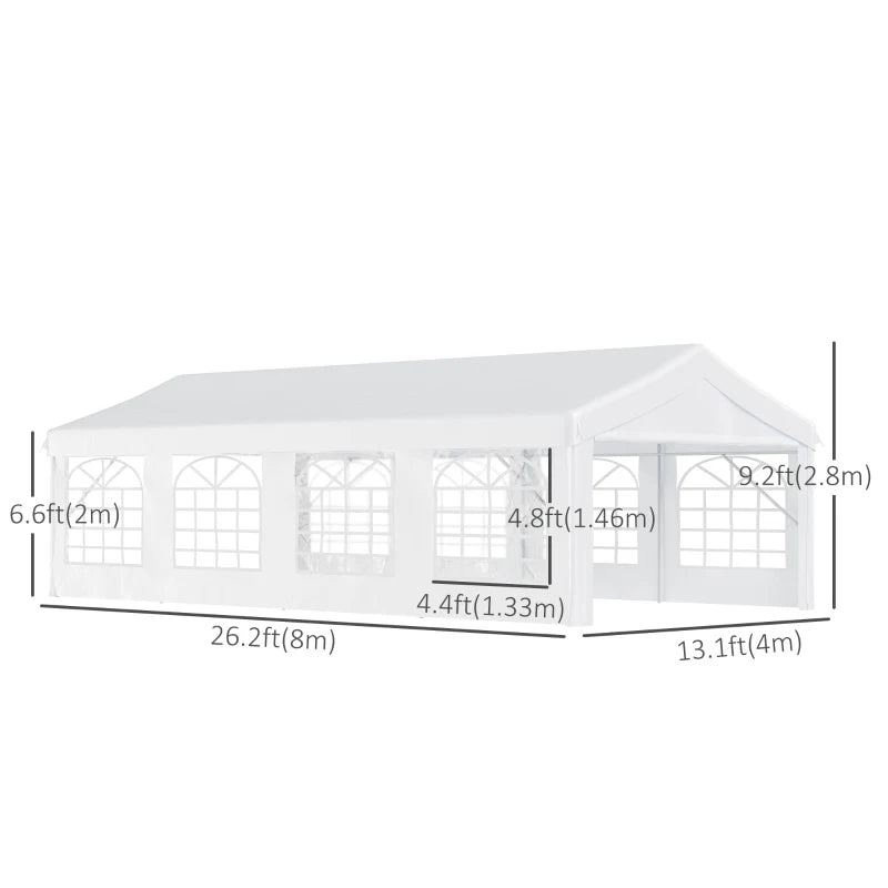 Outsunny 13' x 26' Heavy-duty Outdoor Carport Party Event Tent Patio Gazebo Canopy with 4 Sidewalls, White 