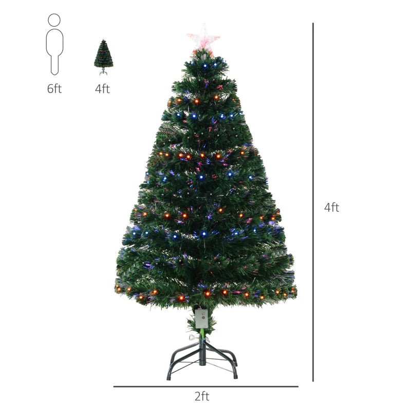 HOMCOM 4FT Pre-Lit Artificial Spruce Christmas Tree with Fiber Optic Lights, Hinged Full Holiday Tree 