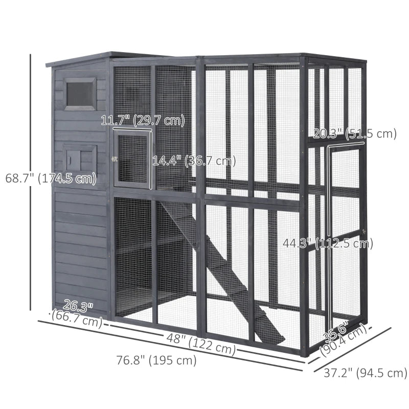 PawHut Outdoor Wooden Catio with 4 Tier Main House, Ramp, Platforms, Asphalt Roof, Ramps, Sliding Door, Window, Grey 