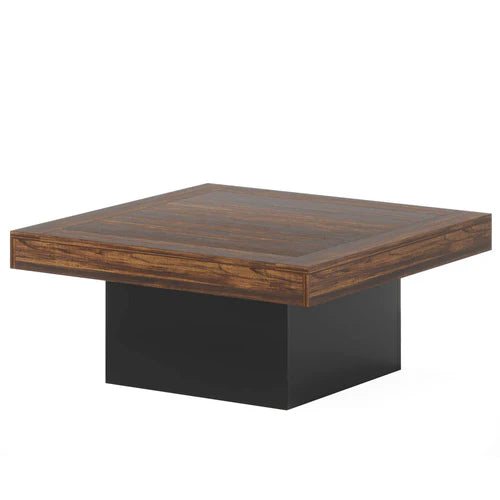 Square Coffee Table 35.4" Farmhouse Wood Cocktail Table with LED Light and Sturdy One-Leg Design Rustic Brown