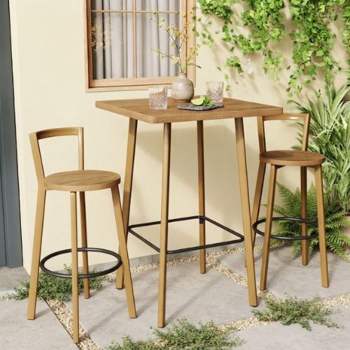 Bar Table Set 39.4" Square High-Top Bistro Pub Table with 2 Chairs Compact Space-Saving Design with Footrests Oak Finish for Home Kitchen Balcony