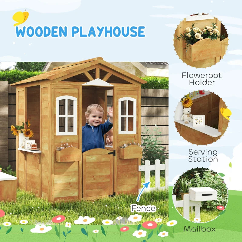 Outsunny Wooden Kids Playhouse – Yellow with Door, Windows, Mailbox, Flower Pot Holder & Serving Station Bench 