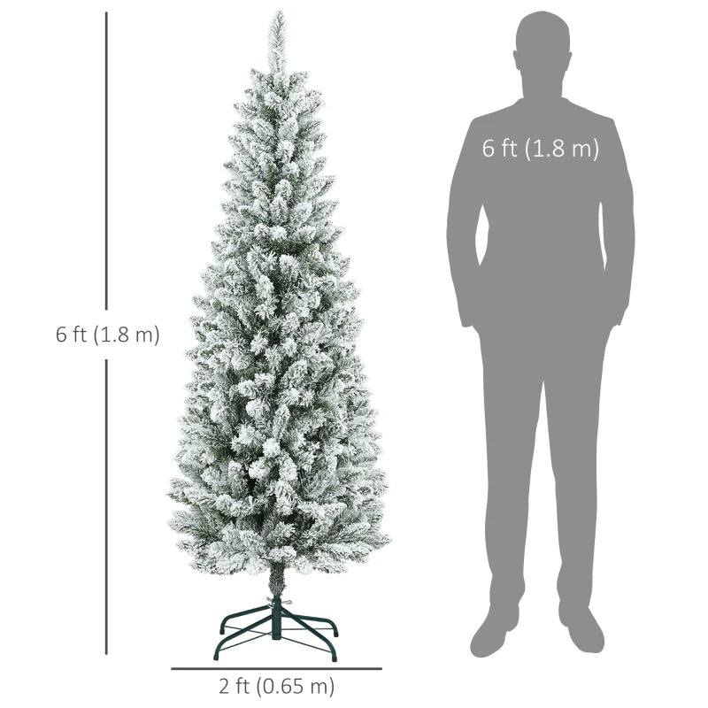 HOMCOM 6ft Pencil Flocked Christmas Tree – 479 Branch Tips with Metal Base, Indoor Holiday Decoration 