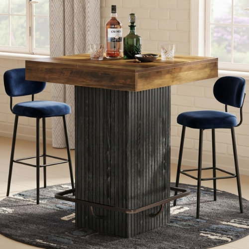 31.5" Square Bar Table Industrial Counter Height Dining Table with Metal Footrest Heavy Duty Pedestal Base Rustic Brown