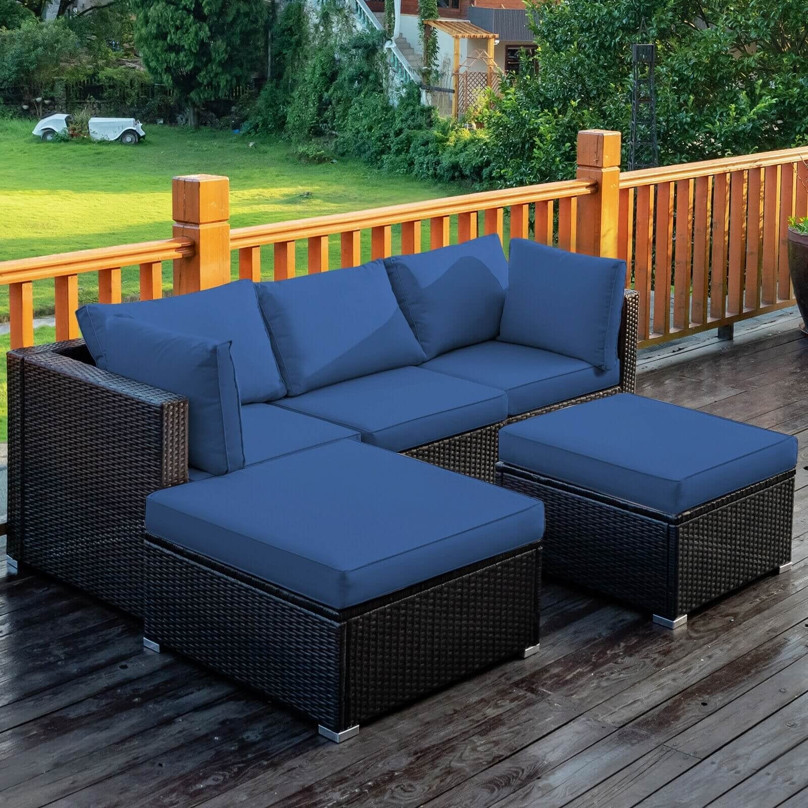 5 Pieces Patio Rattan Sofa Set with Cushion and Ottoman-Navy