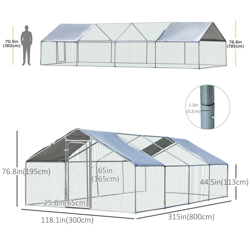 PawHut Chicken Run Walk-In Metal Chicken Coop, 3 Rooms Galvanized Poultry Cage Outdoor with Waterproof UV-Protection Cover for Rabbits, Ducks, 9.8' x 26.2'