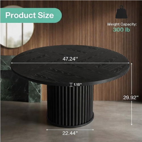 47" Round Dining Table, Wood Kitchen Table with Sturdy Fluted Metal Base, Modern Black Dining Table for 6 People