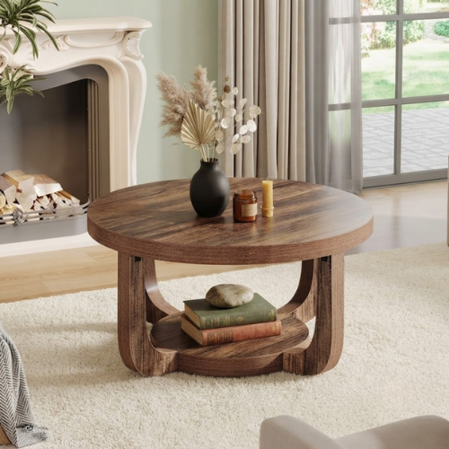31.5" Round Coffee Table with 2-Tier Storage, Modern Farmhouse Circle Center Table with Thick Wood Top & Rustic Brown Finish