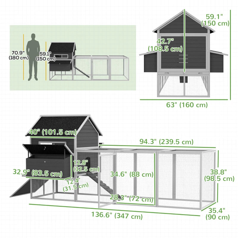 PawHut 137" Wooden Chicken Coop with Chicken Run, Nesting Box, Grey 