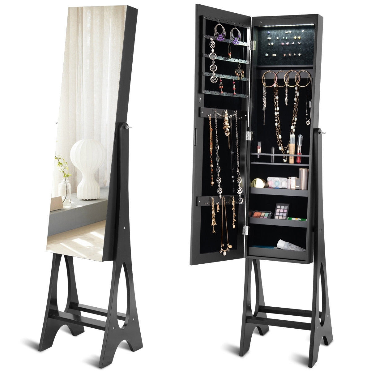 Standing Mirror Jewelry Cabinet-Black