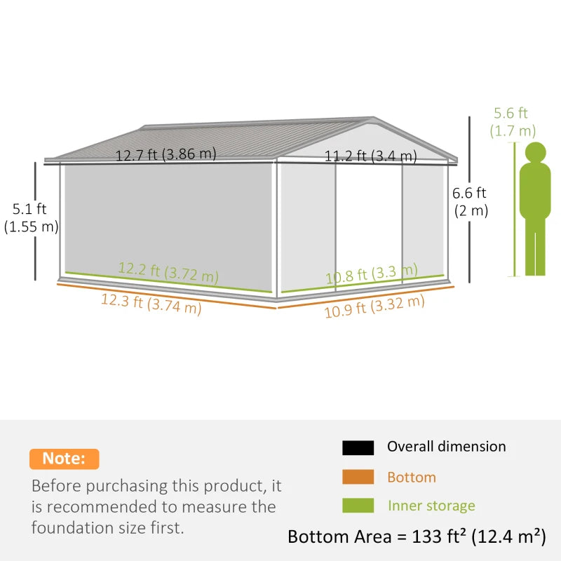 Outsunny 11' x 13' Practical Backyard Garden Storage Tool Shed Double Sliding Door 4 Ventilation Slots, Light Grey