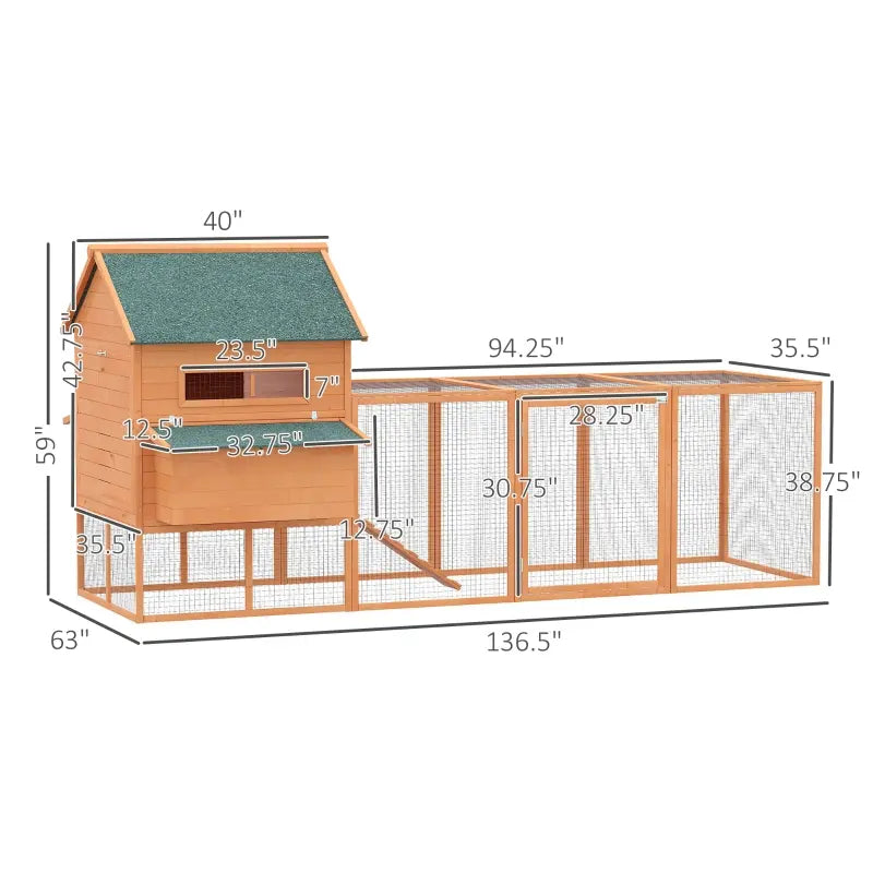 PawHut 137" Chicken Coop Wooden Large Hen House Deluxe Rabbit Hutch Lockable Poultry Cage Backyard with Nesting Box and Run, Orange