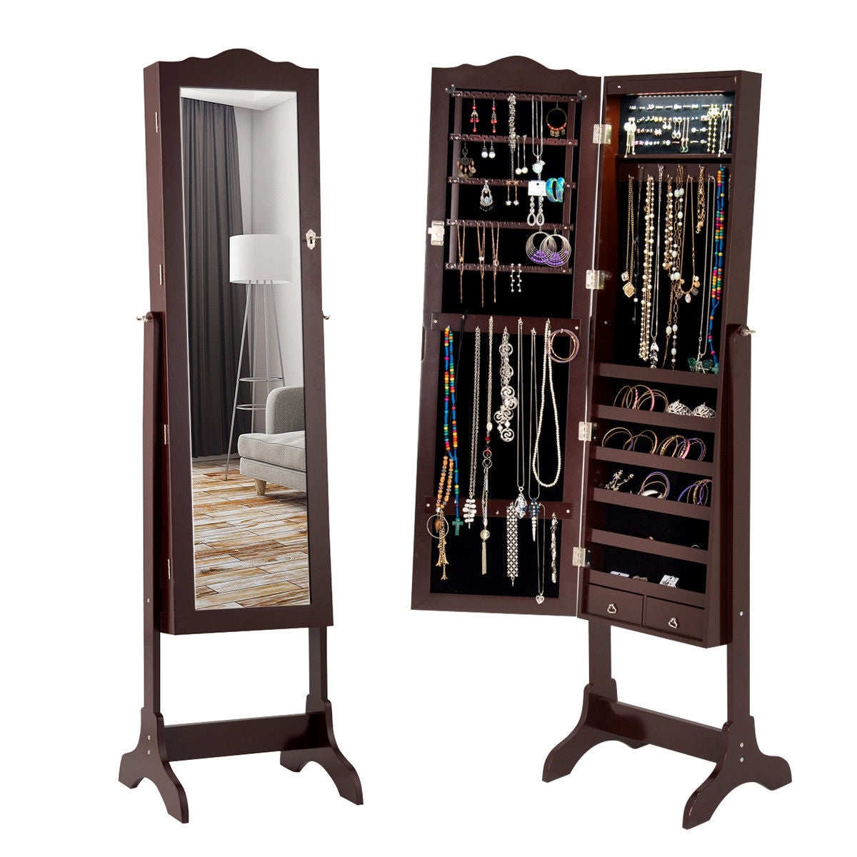 Mirrored Jewelry Cabinet Storage With Drawer And Led Lights -CoffeeÂ 