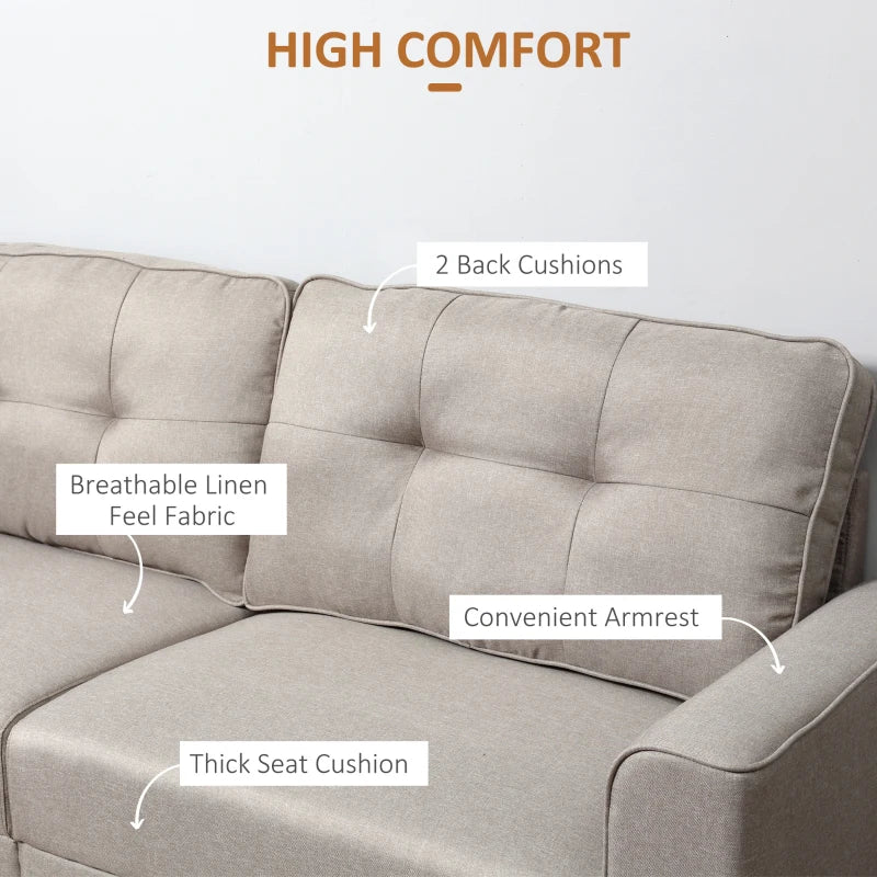 HOMCOM 3-Seater Sofa, Mid-Century Linen Couch with Upholstered Seat, Button-Tufted Back Cushion and Rubber Wood Legs for Living Room, Bedroom, Beige