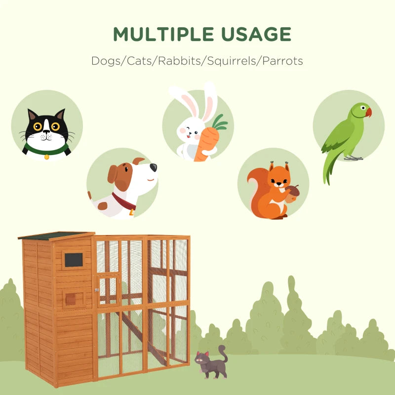 PawHut 68.75" H Cat Cage Large Wooden Outdoor Cat House with Large Run for Play, Catio for Lounging, and Condo Area for Sleeping, Natural 