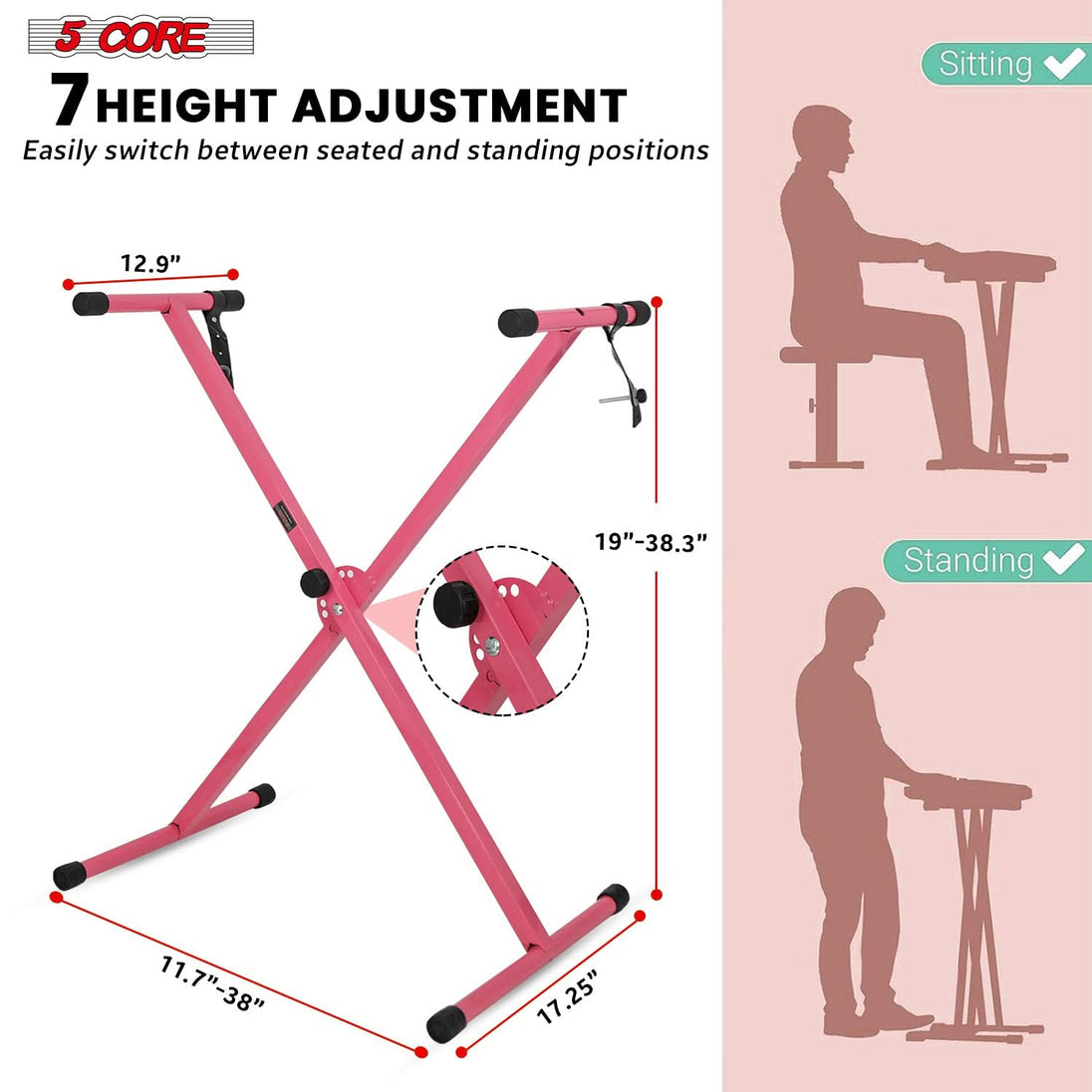 5Core Keyboard Stand Single X Style Adjustable Lift Piano Riser For 49 To 88 Keys PINK