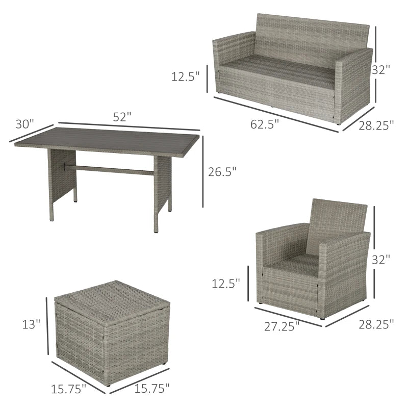 Outsunny 6 PCS Rattan Outdoor Dining Set Patio Dining Table and Chair Set with Plastic Wood Top Dining Table, Cushions, Grey