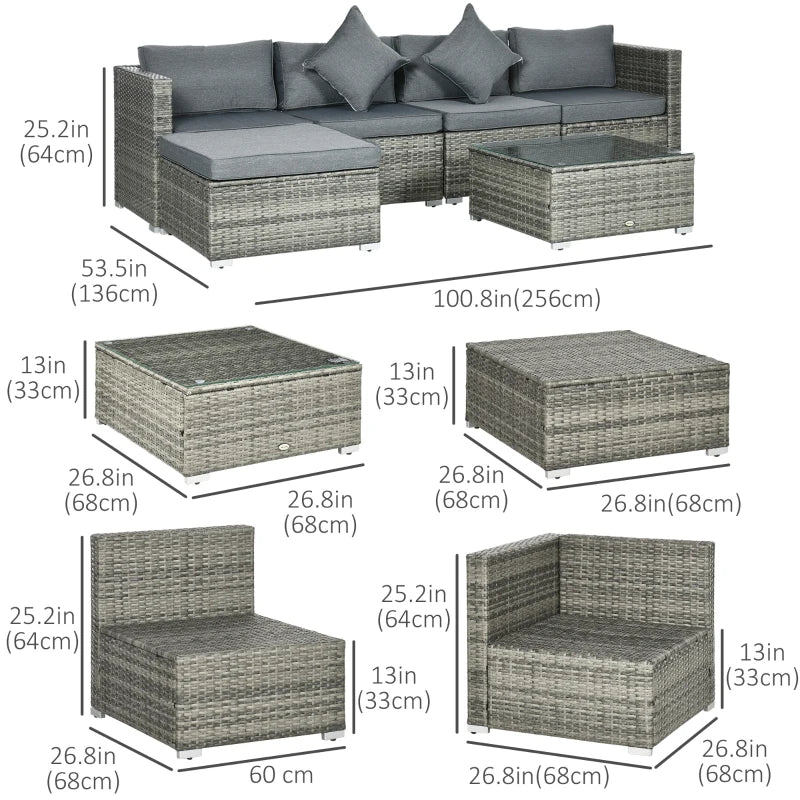 Outsunny 6 Pieces Outdoor PE Rattan Wicker Patio Furniture Sofa Set with Thick Cushions, Deluxe Garden Sectional Couch with Glass Top Table, Mixed Grey and Dark Grey 