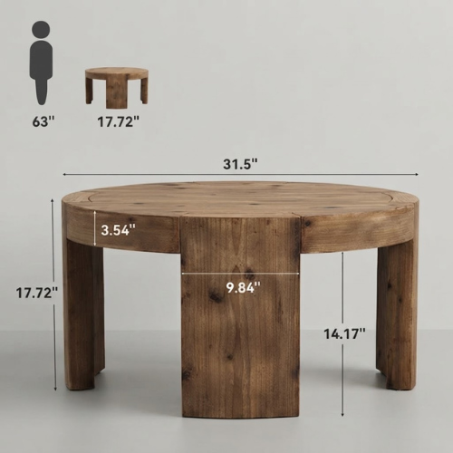 Coffee Table 31.5" Round Solid Wood Center Cocktail Tea Table Rustic Brown