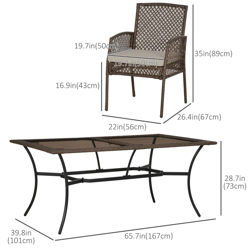 Outsunny 7 Pieces Wicker Patio Dining Set with Cushions, Outdoor PE Rattan Conversation Set with 1 Rectangular Glass Top Table and 6 Chairs, for Patio, Yard, Poolside, Beige