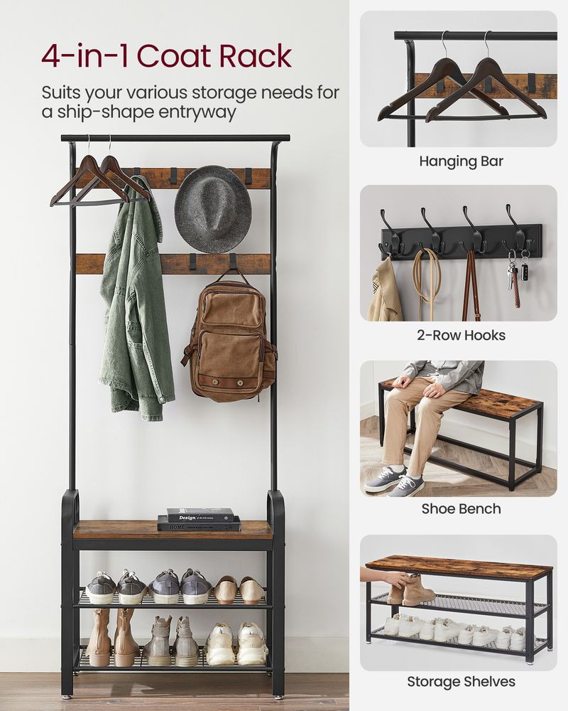 VASAGLE Industrial Coat Rack with Bench for Entryway 