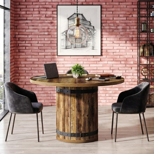 39.37" Round Conference Table Farmhouse Meeting Room Table for 4 with Pedestal Base MDF Wooden Office Dining Table Rustic Brown