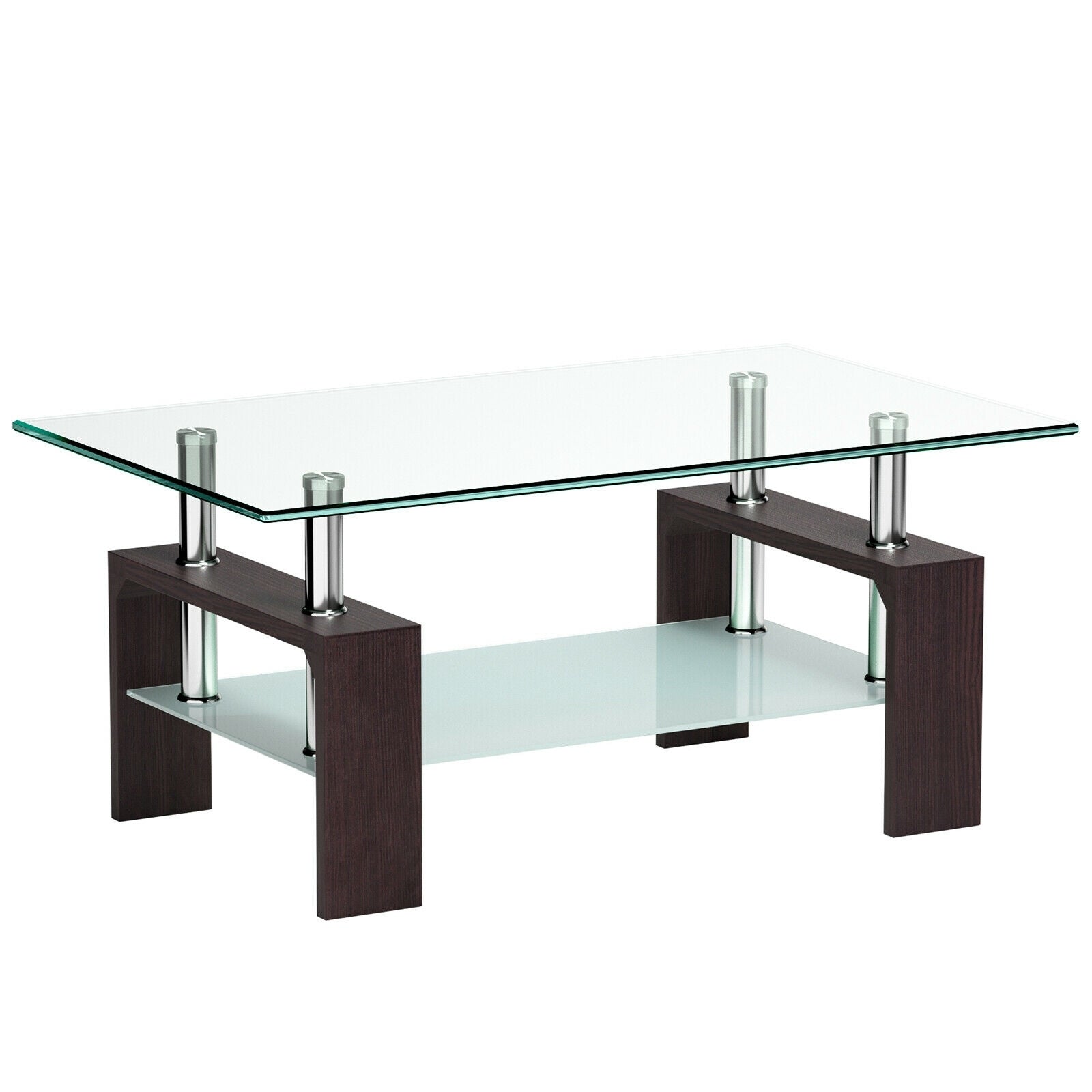 Rectangular Tempered Glass Coffee Table with Shelf-Brown