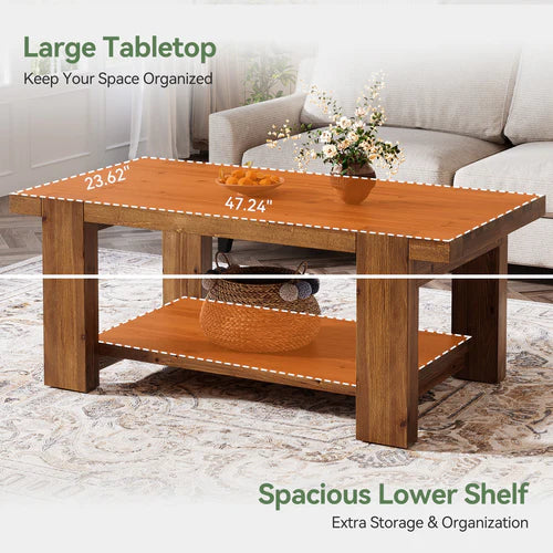 Wood Coffee Table 47.2" Solid Wood Rectangle Center Table with 2-Tier Storage Shelf and Thick Tabletop Rustic Brown