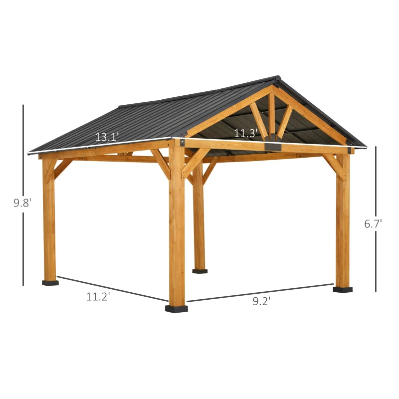 Outsunny 11' x 13' Wooden Gazebo Canopy Outdoor Sun Shade Shelter w/ Steel Roof, Solid Wood, Black & Natural