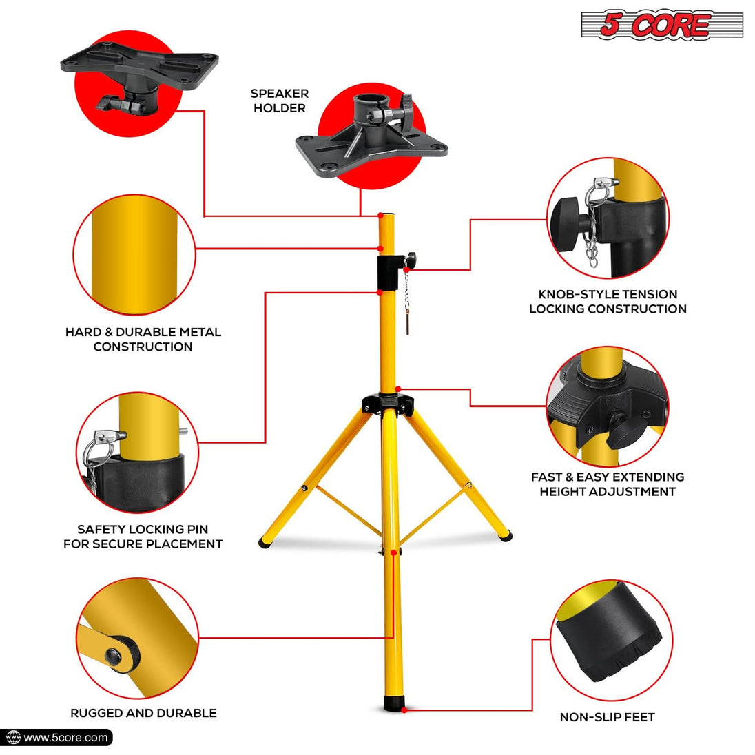 5Core Speaker Stand Tripod Tall Adjustable 72 Inch DJ Pole Mount Studio Monitor Stands Yellow5Core Speaker Stand Tripod Tall Adjustable 72 Inch DJ Pole Mount Studio Monitor Stands Yellow