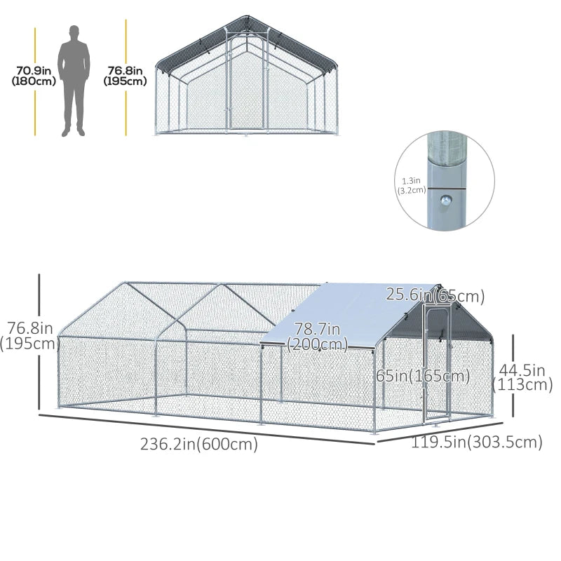 PawHut 9.8' x 19.7' Metal Chicken Coop, Galvanized Walk-in Hen House, Poultry Cage with 1.25" Tube, Waterproof UV-Protection Cover for Rabbits, Ducks 