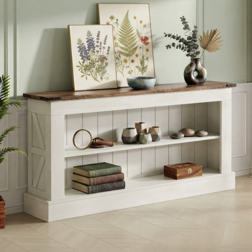 63" Modern TV Stand for Up to 75" TVs, Farmhouse Entertainment Center Media Console with Open Shelves Rustic White & Brown